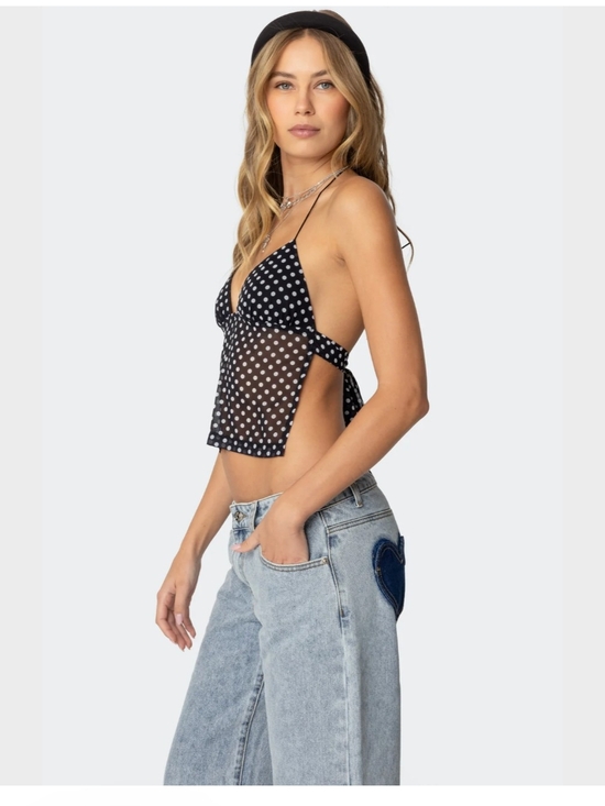 Edikted Tops - Edikted Polka Dot Backless Chiffon Top - Chocolate Brown